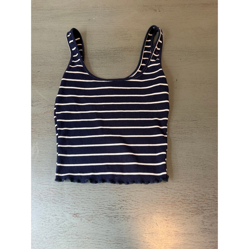 Liz & Sara Navy Blue White Striped Ribbed Crop Tank Top Small Lettuce Hem